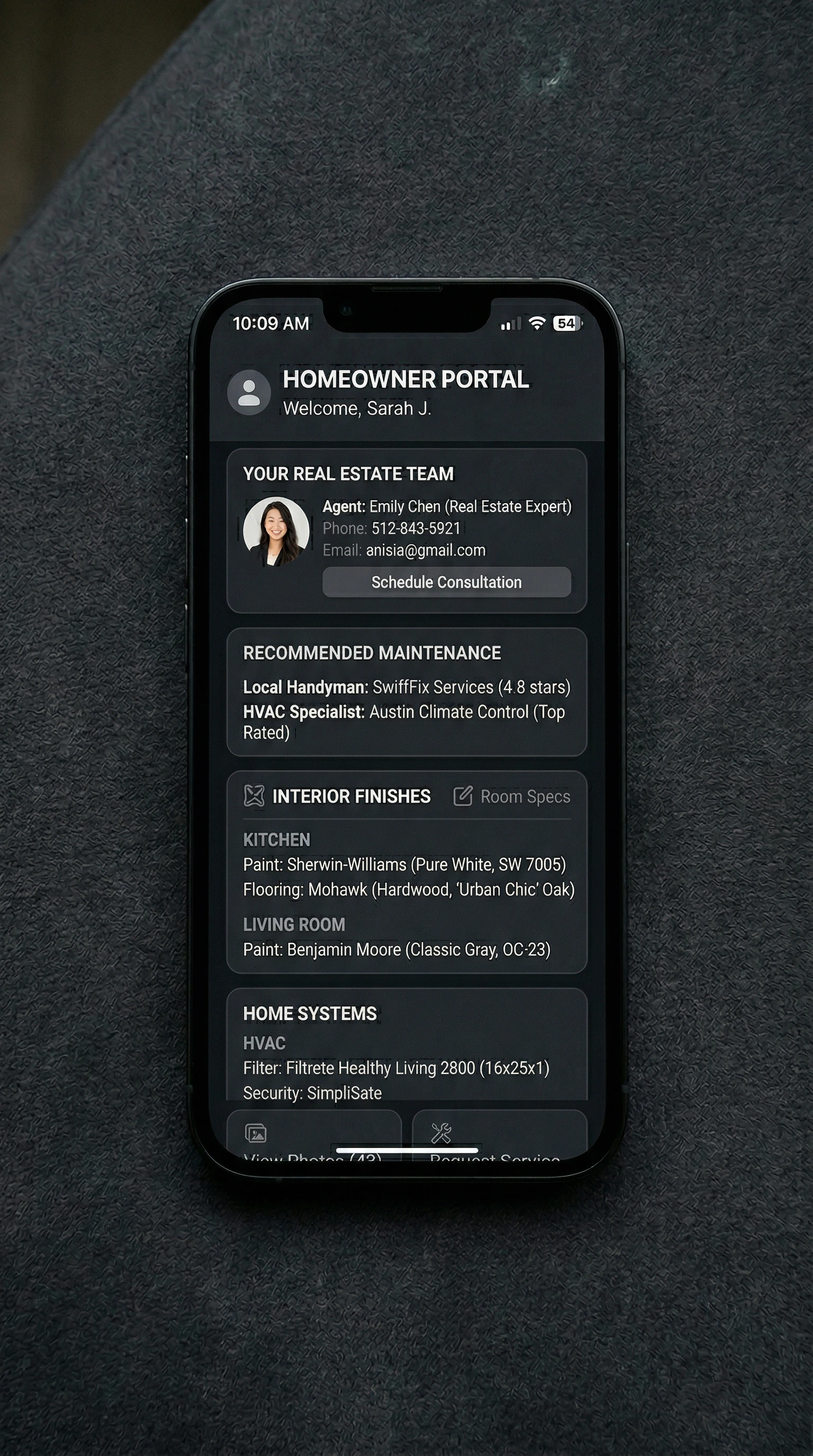 Homeowner portal shown on a phone with contacts, maintenance, and home details.