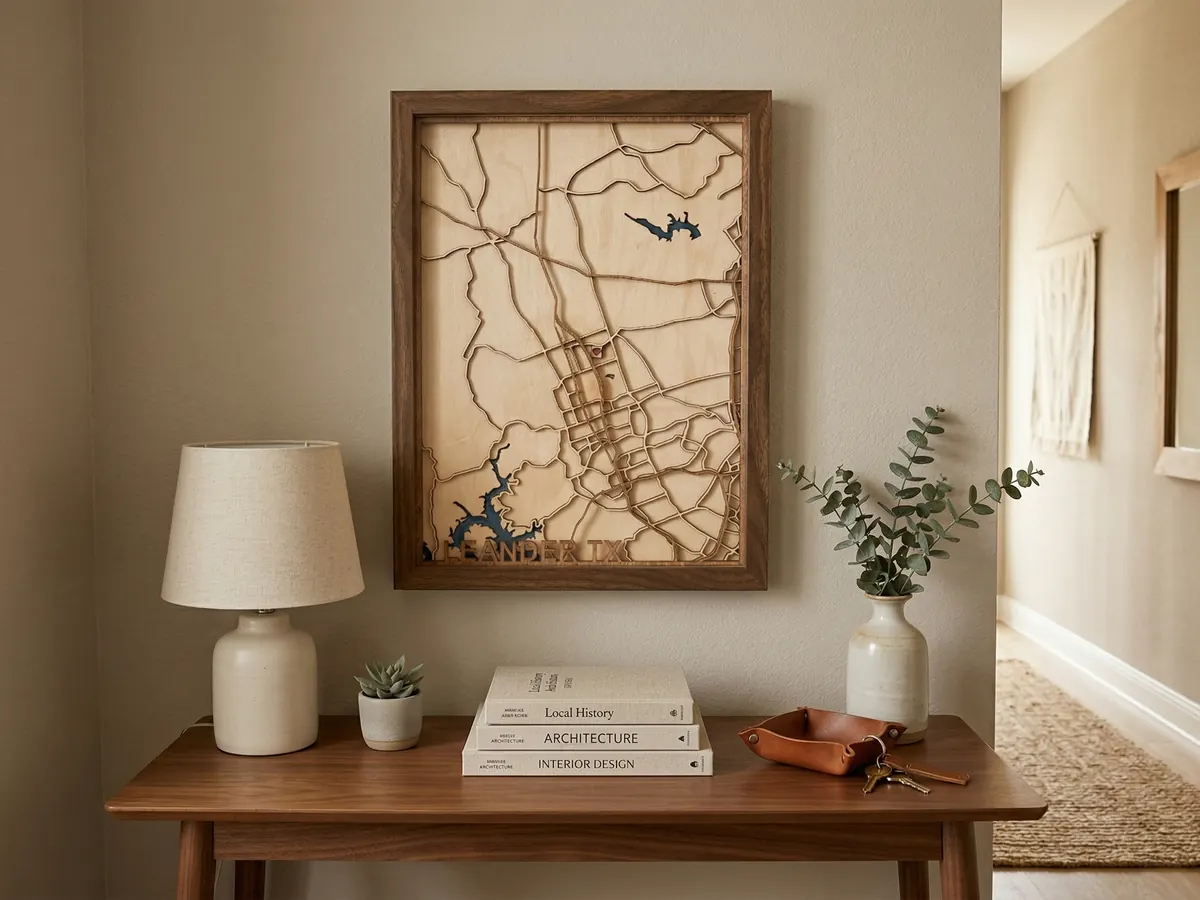 Layered wooden map artwork styled above an entry console with books and greenery.