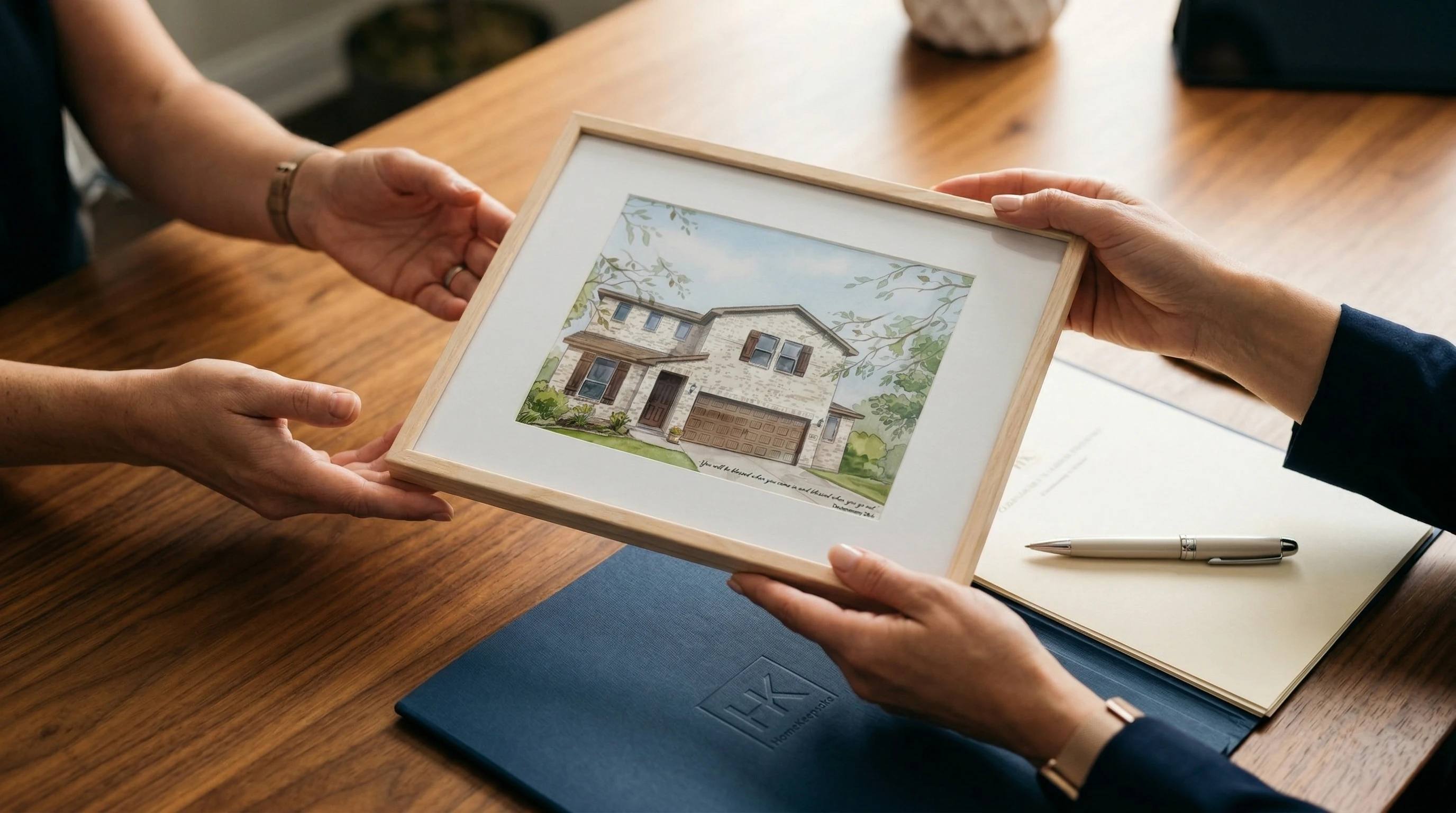 A framed house portrait being handed across a table during a warm closing-day presentation.